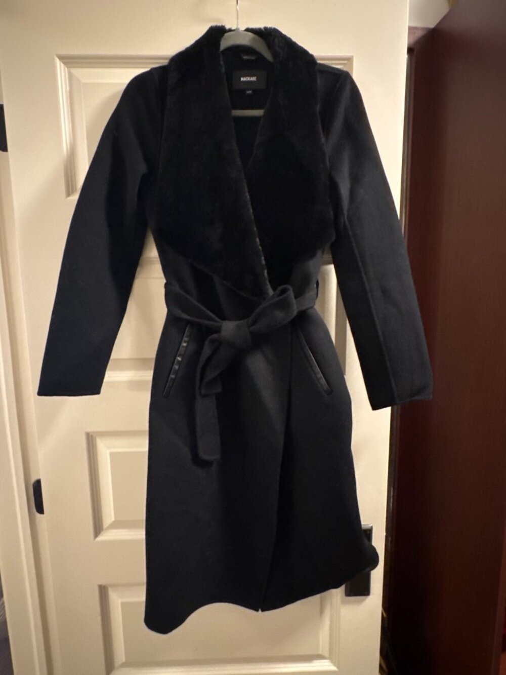 Mackage Black Belted Wool Wrap Coat Faux Fur Collar Size XS/TP